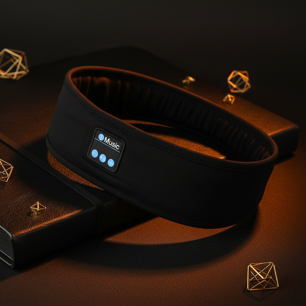 Black sleep headband with music control panel on a dark background